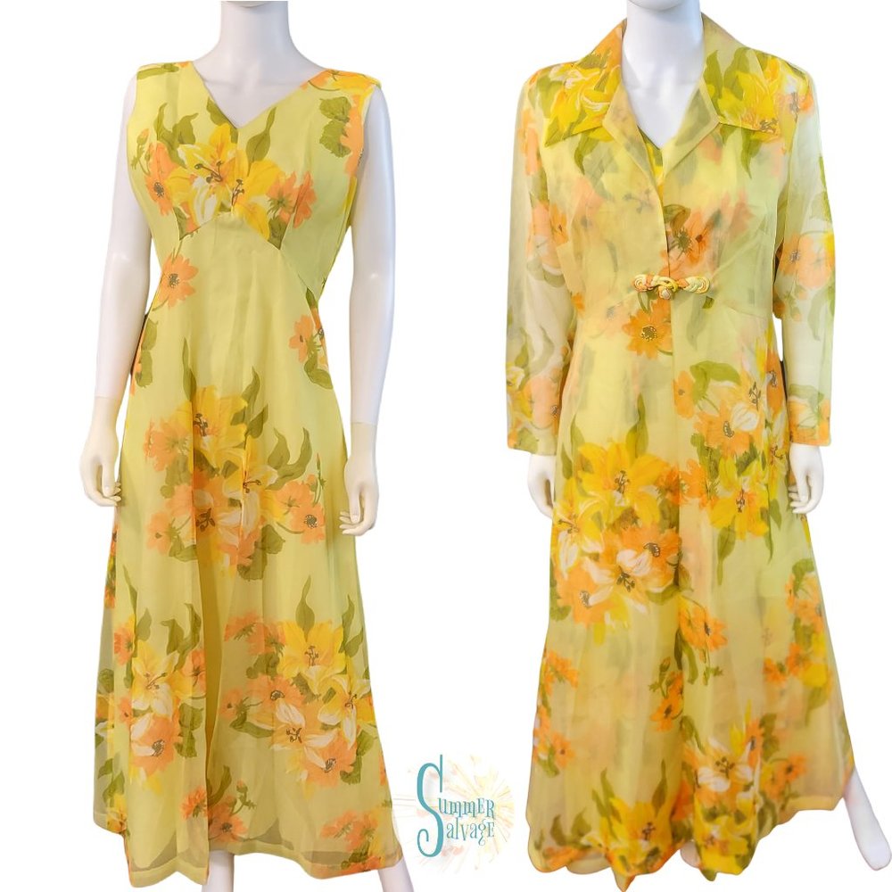 SOLD 2 pc Yellow Orange ILGWU Sheer Lily Daisy Overlay Maxi Dress Jacket Hostess